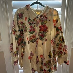 Magnolia Pearl Cream Floral Blouse with Cat appliqué on the back